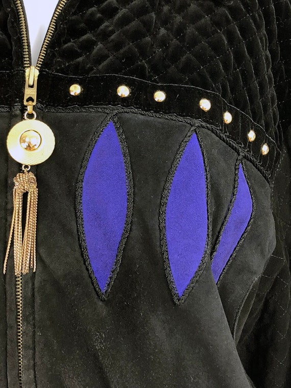 Early 1990s Louis Feraud Brilliant Blue Black Quilted Velvety Bomber Moto Jacket Gorgeous Gold Hardware  - US Size 12 / FR 44