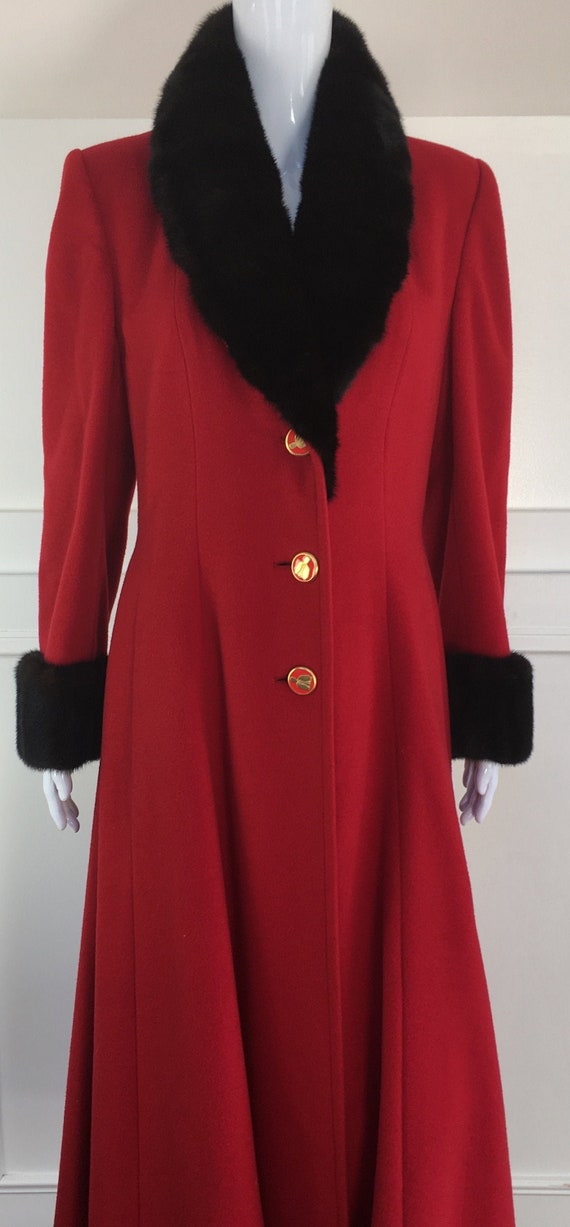 Vintage 1980s Sorbara Red Wool and Black Mink Trim Full Length Maxi Coat