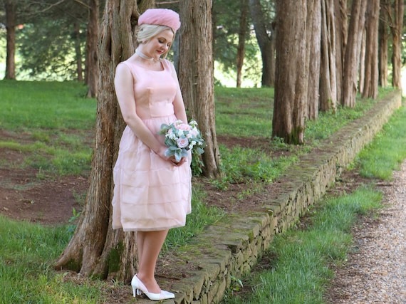 Vintage 1950s Pale Pink Frothy Jackie Look Wedding Formal Cocktail Dress with Pink Seed Pearls - US Size Est. Small