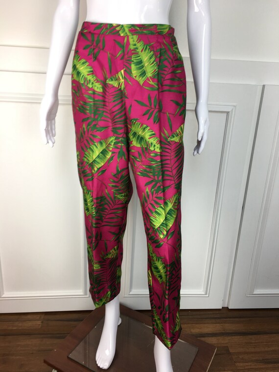 1990s Hot Pink and Green Tropical Cropped Capri Slacks Pants Size 10