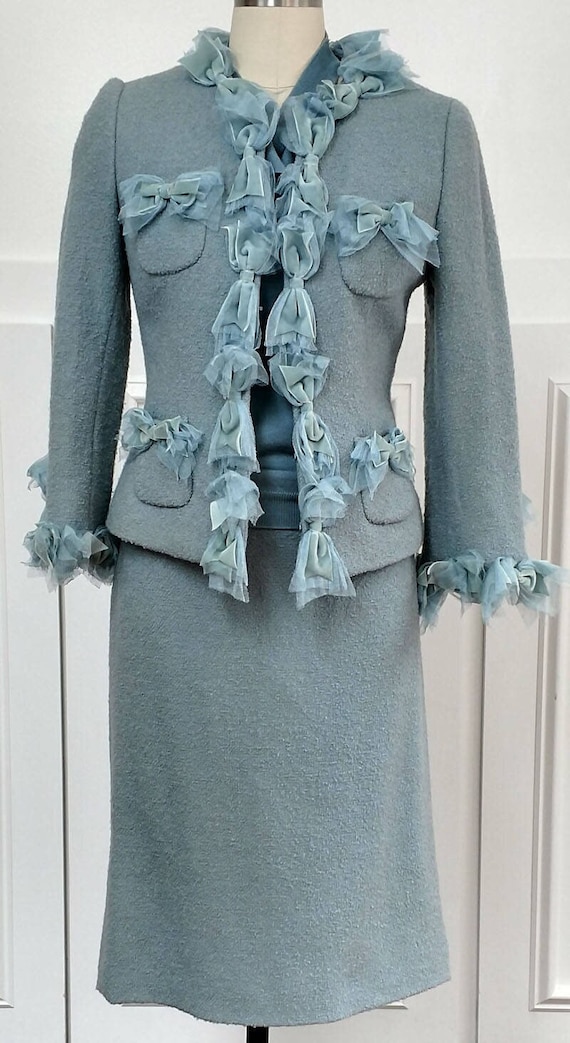 Moschino 3 Piece 1990s Skirt Suit Amazingly Embellished With Velvet Bows and Silk Ruffles US Size 6 (SKU 10391CL)