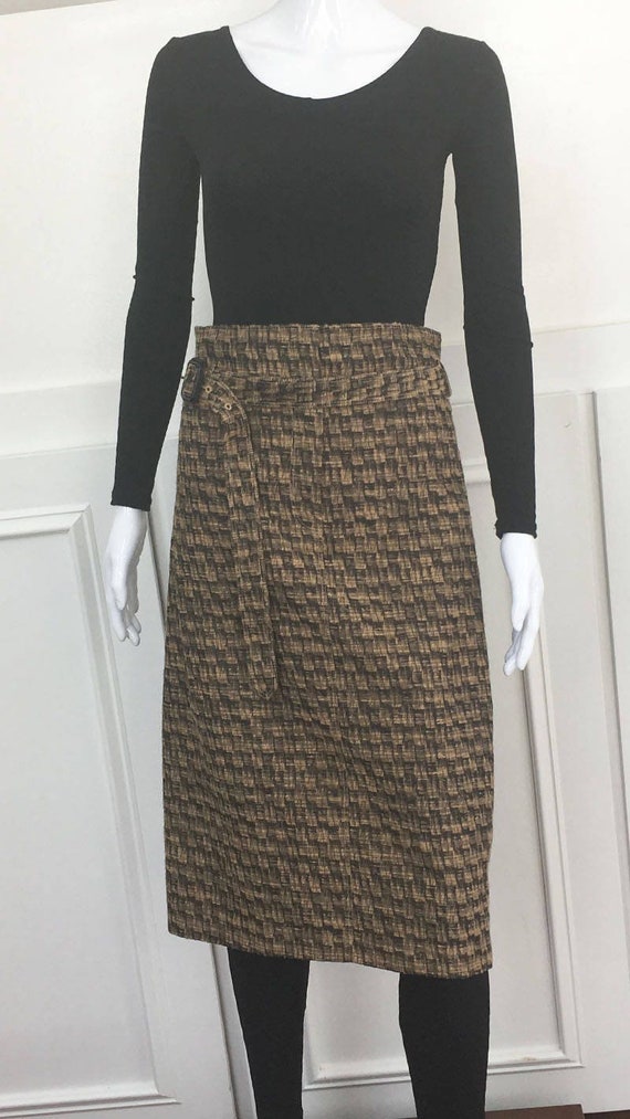 1990s Y2K Burberry Stealth Wealth Silk Cotton Blend Brown Beige Black Cotton Blend Midi Skirt Paper Bag Waist Matching Belt - PLUS Size