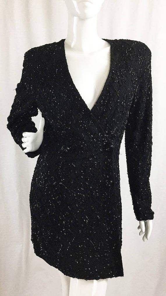 Carmen Marc Valvo Slinky Sexy Fitted Black Double Breasted Heavily Beaded Lace Jacket / Dress Size 10  (SKU 10040CL)