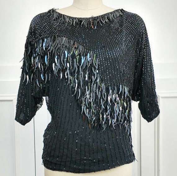 Oleg Cassini 1980s / 1990s Black Cocktail Sweater with Iridescent Fringed Jet Beading Size Medium but PLUS !(SKU 10342CL)