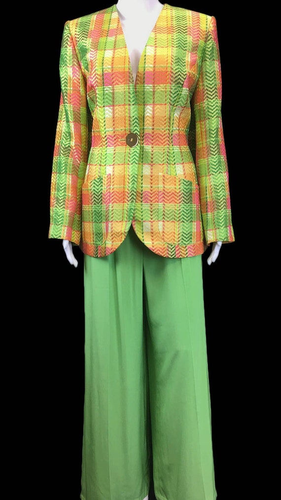 Y2K Late 90s Yves Saint Laurent Neon Greens Oranges Zig Zag Plaid Jacket with Pleated High Waisted Flowy Palazzo Pantsuit Size US 10 FR 42