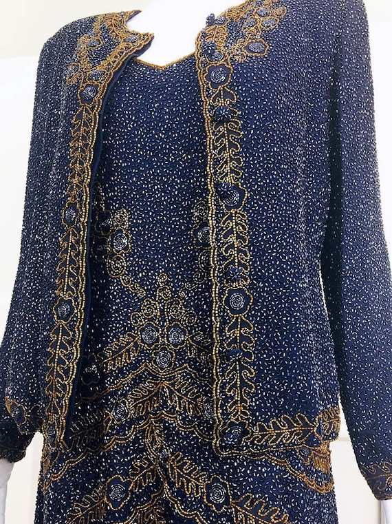 RARE! Emanuel Ungaro Paris Ombre de la Nuit Deadstock Navy and Bronze Heavily Beaded Silk Cocktail Dress and Jacket Size 10 (SKU 10670CL)