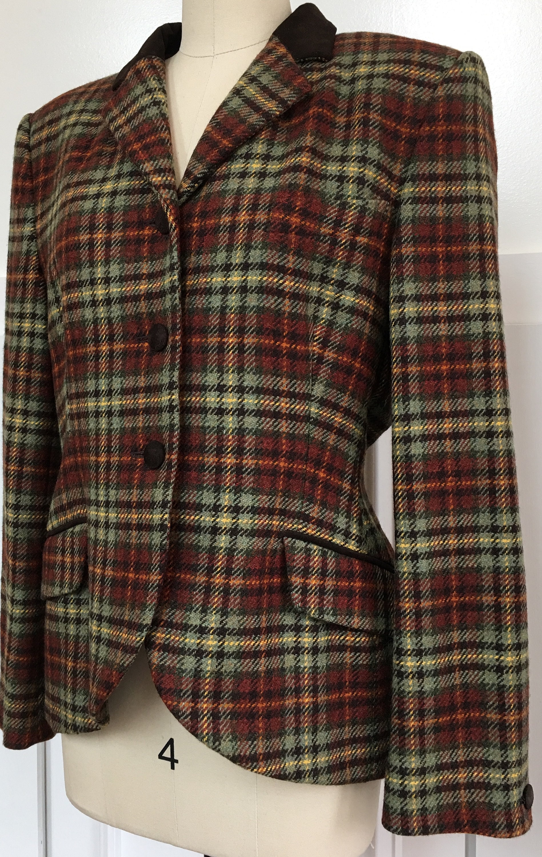 Laura Ashley Wool Plaid 1990s Equestrian / Riding Jacket With Suede ...