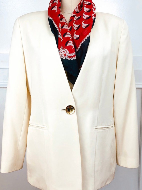 Italian Made 1990s Oversized Studio 0001 by Ferre Ivory Wool Blazer With Large Gorgeous Gold Military Nautical Logo Buttons PLUS Size