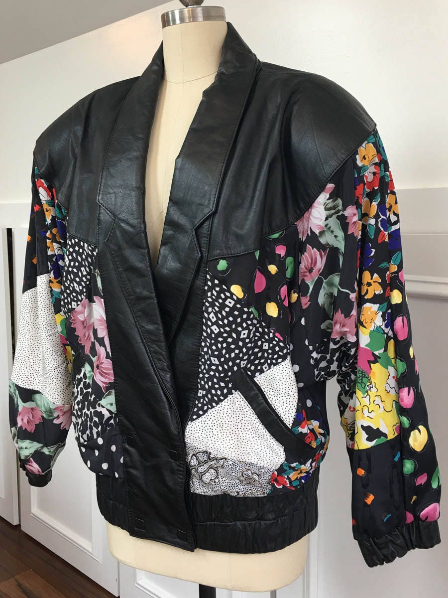 1980s Avanti Fino Black Vintage Leather Jacket with Patchwork Print ...