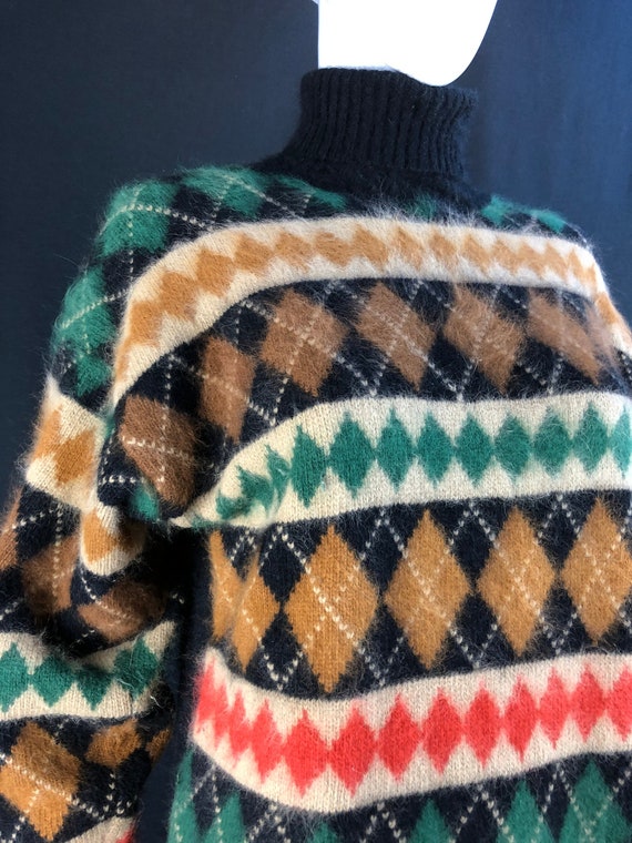 1970s Rafaella Fuzzy Angora Blend Green Brown Black Argyle Turtleneck Sweater - US Size Large / PLUS