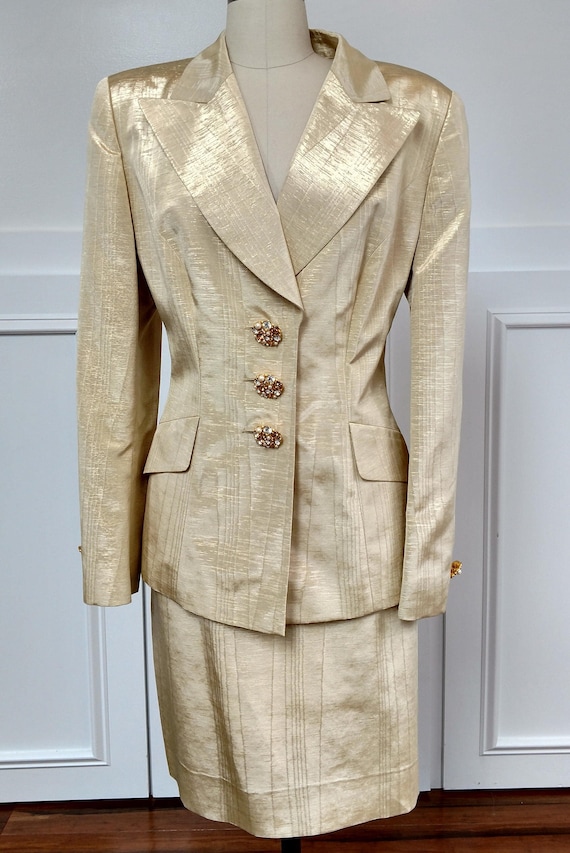 1990s Shimmering Gold Escada Couture Gold Moire Cocktail Formal Holiday Wedding Skirt Suit - Size EU 42