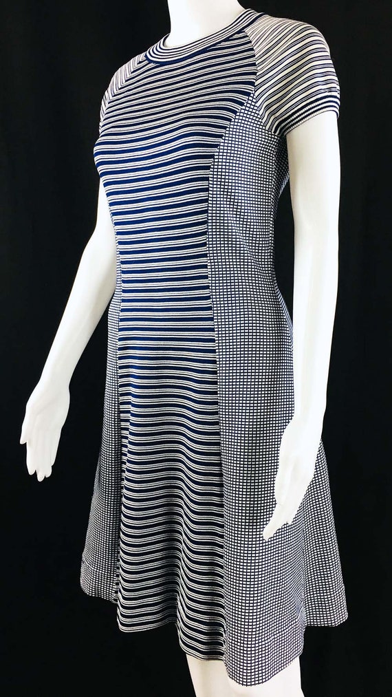Vintage 1970s Goldworm White and Navy Fit and Flare Knit Striped and Checked Dress Made in Italy Size 6  (SKU 10780CL)