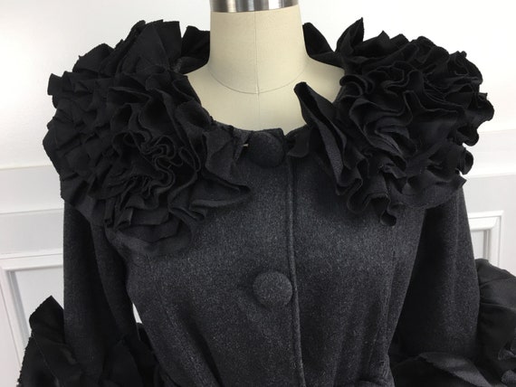 1990s Moschino Cheap and Chic Charcoal Gray Wool Blend with Black Ruffled Blazer / Jacket - US Size 2  FR 32