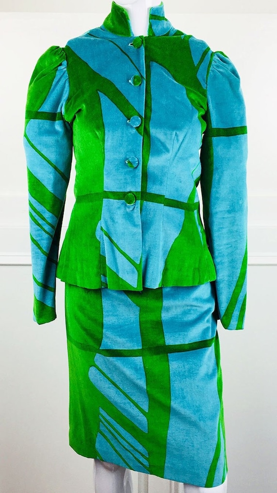 Apogee MOD Lime Green and Bright Blue Abstract Print Nehru Collared 1960s Velveteen Skirt Suit  (SKU 10718CL)