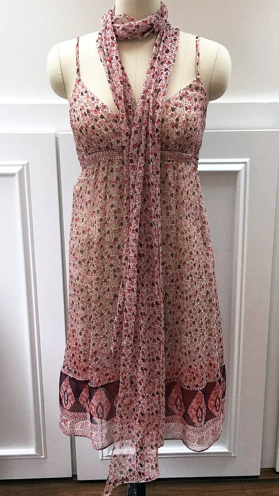 SEE by Chloe Boho Floral Print Silk Sleeveless Summer Dress with Long Matching Scarf - Size US  6