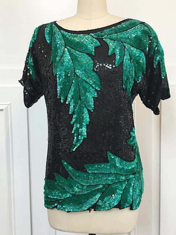 Chetan Creations Hand Sequined and Beaded Black with Green Leaf 1990s Cocktail Top Size Large  (SKU 10506CL)