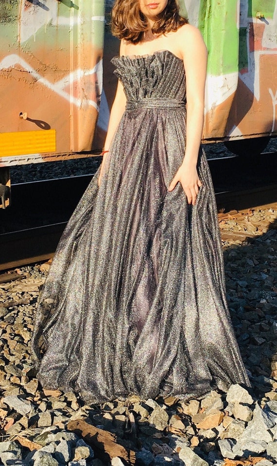 Y2K Glittering Gray Charcoal Strapless Tulle Prom 