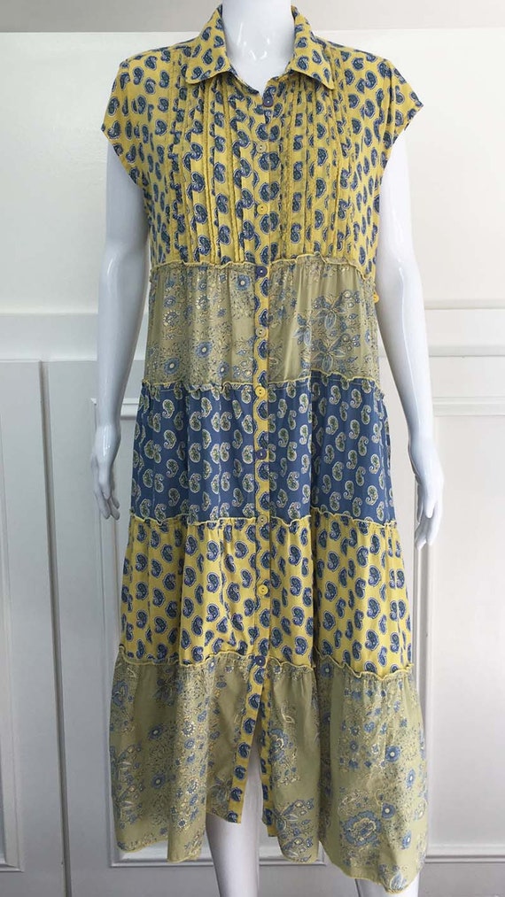 BOHO CottageCore April Cornell Sleeveless Blues and Yellow Midi Dress Size Large / PLUS Size  (SKU 10184CL)