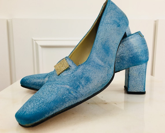 Vitto Martina Italian Made Blue Metallic Pumps With Rhinestones  Size  10 (SKU 10148SH)