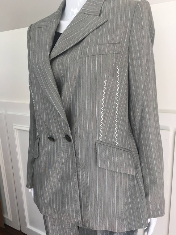 1990s Classic Escada Gray Powder Blue Pinstripe Pantsuit Lightweight Wool -- FR Size 40