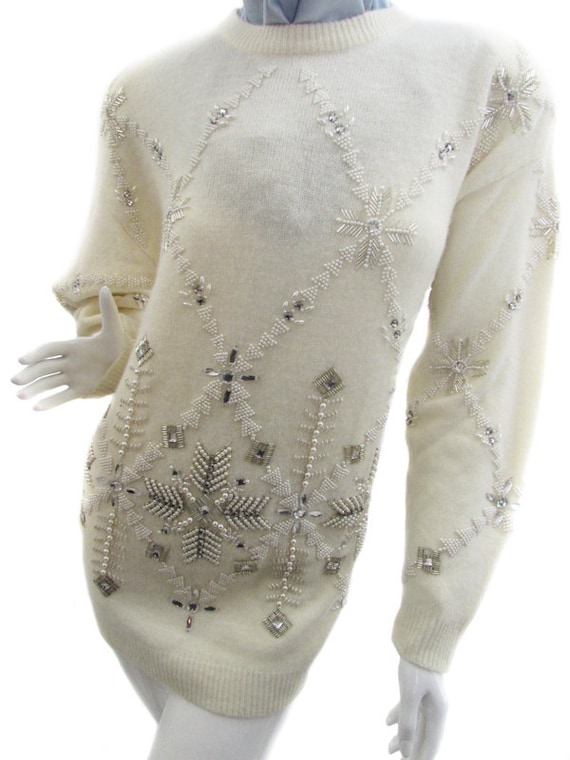 Marisa Christina White Lambswool and Angora Sweater with Rhinestone and Beaded Snowflake Design US Size Medium (SKU 10013CL)