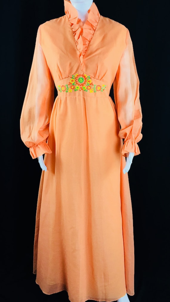 Orange Vintage 1970’s Gown with Embroidery and Ruffles  (SKU 10781CL)