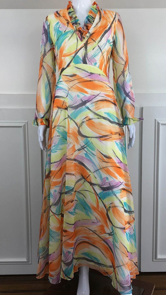 1970s Hawaiian BOHO Watercolor Print Orange Yellow Blue Chiffon Ruffled Maxi Gown Dress - US Size 12 / PLUS!