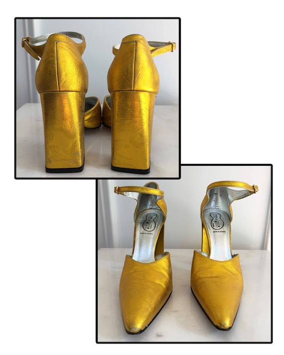 1990s Vintage Statement French Made Leather Party Pumps in Bold Citron/Gold Size 38 1/2 US 9 (SKU 10147)