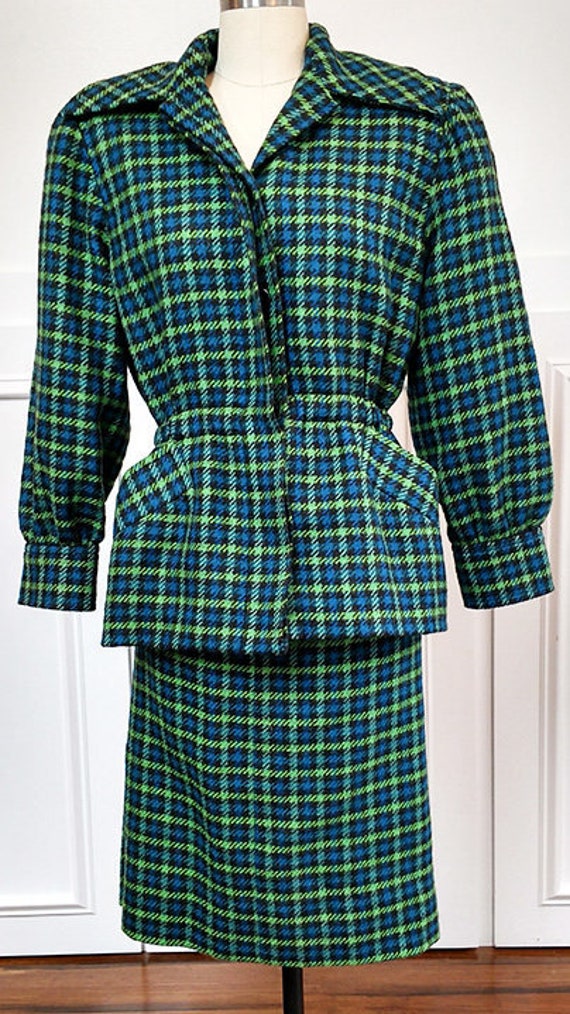 1980s Yves Saint Laurent YSL Green Blue Black Plaid Equestrian Country Weekend Work Wool Skirt Suit  - US Size Small / Medium