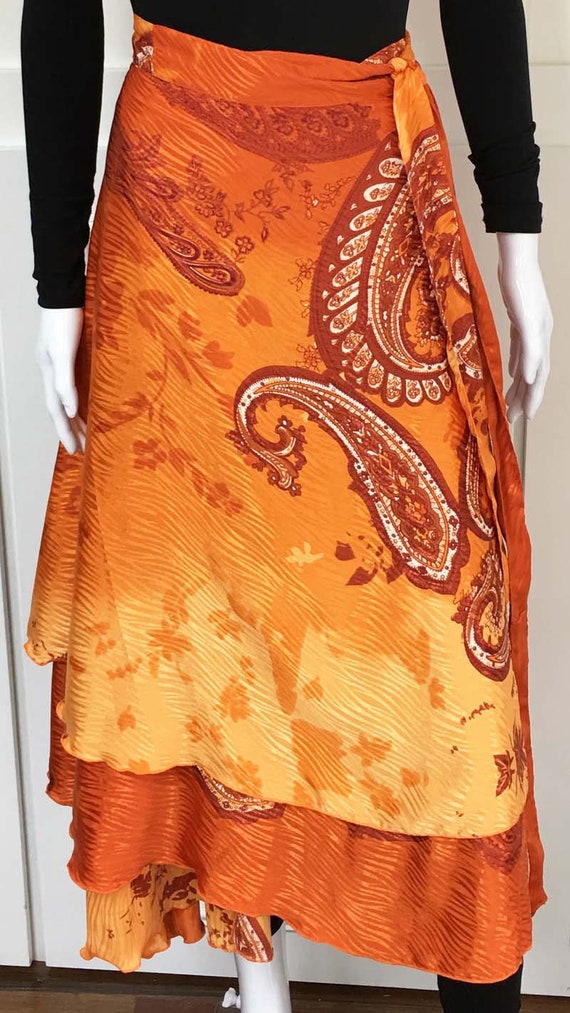 Beautiful BOHO Paisley Indian Silk Wrap Midi Skirt Size Large (SKU 10255CL)