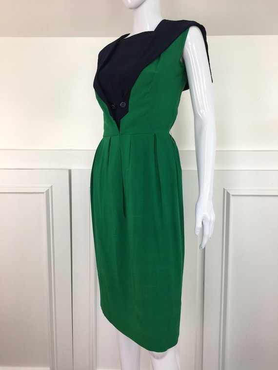 Mademoiselle Ricci Paris 1950’s Color Block Green and Navy Dress International Ladies Workers Union Label (SKU 111002CL)