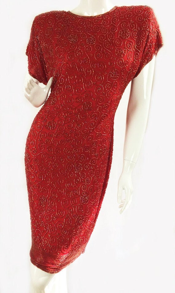 Laurence Kazar Brite Red Beaded Silk 1980s Cocktail Dress  Size Medium  (SKU 10023CL)