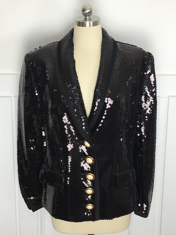 Louis Feraud Absolutely Stunning 1980s / 1990s Black Sequined Cocktail Formal Blazer -  US Size 8