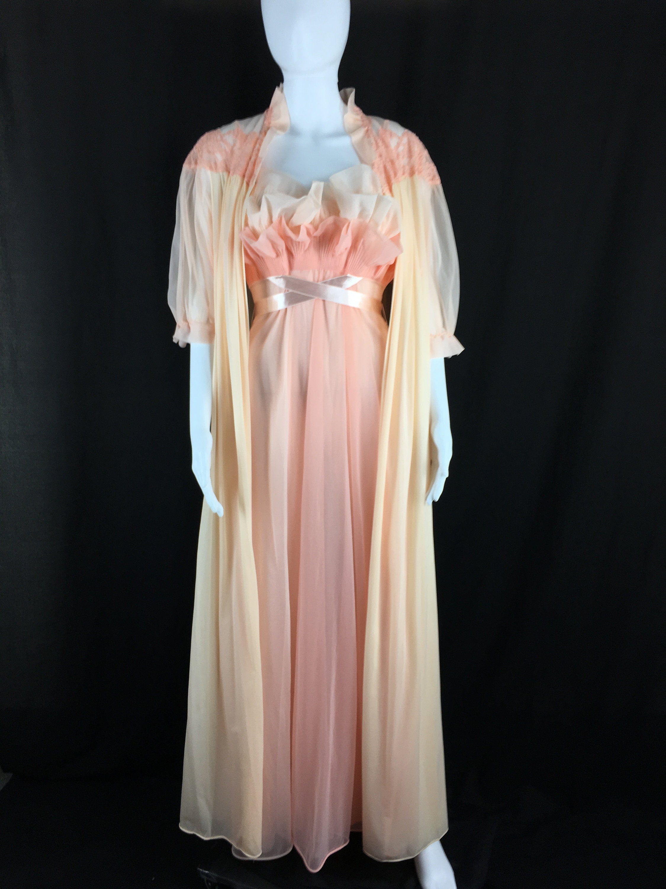 Vintage Peignoir Set Peach Ruffles Robe and Gown 50’s/60’s (SKU 10346CL)