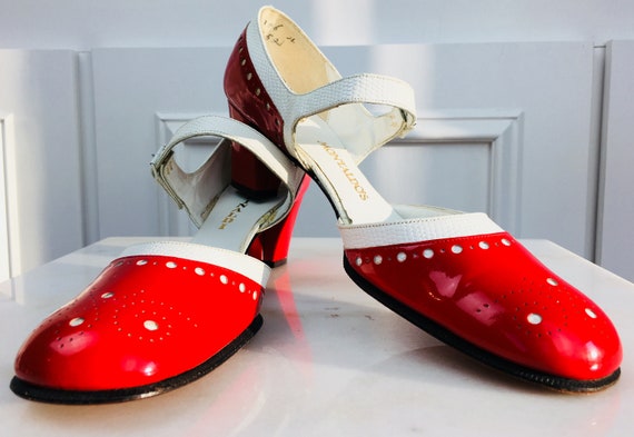 MOD Rinaldi “Montaldo” Red Patent and White Embossed Leather MOD Mary Jane Style Heels/New Old Stock Size US 8.5  (10271SH)