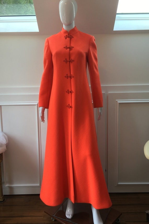 Just Reduced! RARE! 1960s Originala Saks Fifth Avenue Maxi Coat Orange Wool MOD Mandarin Nehru Collar and Detailing  - US Size Est Medium