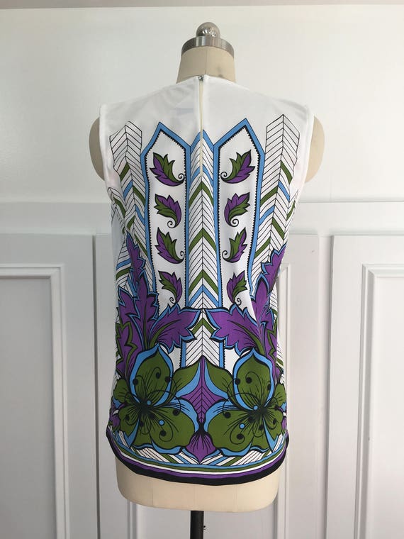 1960s Like New MOD Op POP Art White Purple Green Sleeveless Abstract Geometric Floral Spiegel Top - US Size Medium