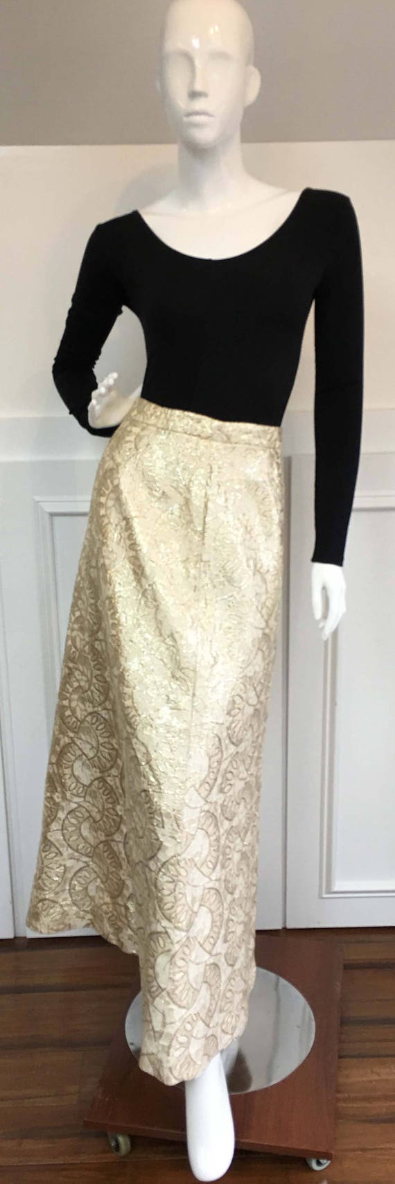 Malbe Gold & Cream Metallic Lurex MOD 1960s Full Length Maxi Skirt Size 13  (SKU 10118CL)