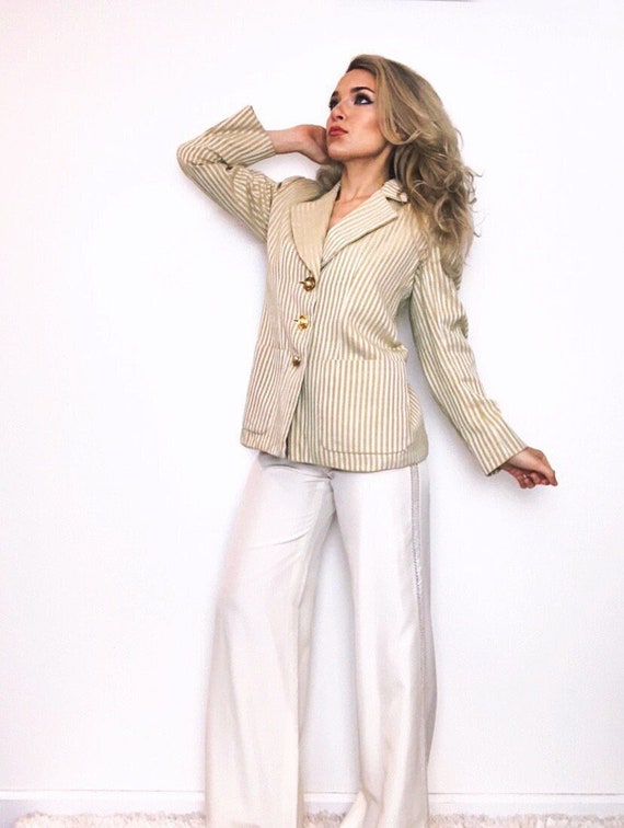 1990s Yves Saint Laurent Rive Gauche Gold and Ivory Striped Blazer with Extraordinary Details  - Size EU 40