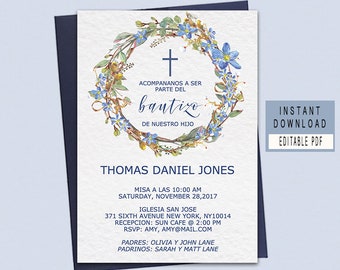 Baptism invitations in spanish for boy, spanish baptism invitation instant download, bautizo invitations digital, blue floral, editable pdf