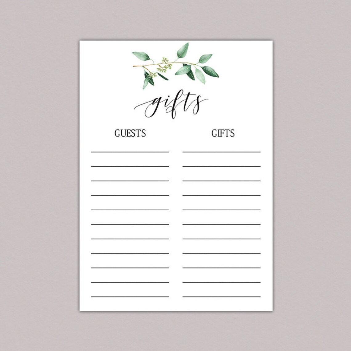 Greenery GIFT LIST Bridal Shower Gift List Baby Shower Gift Etsy