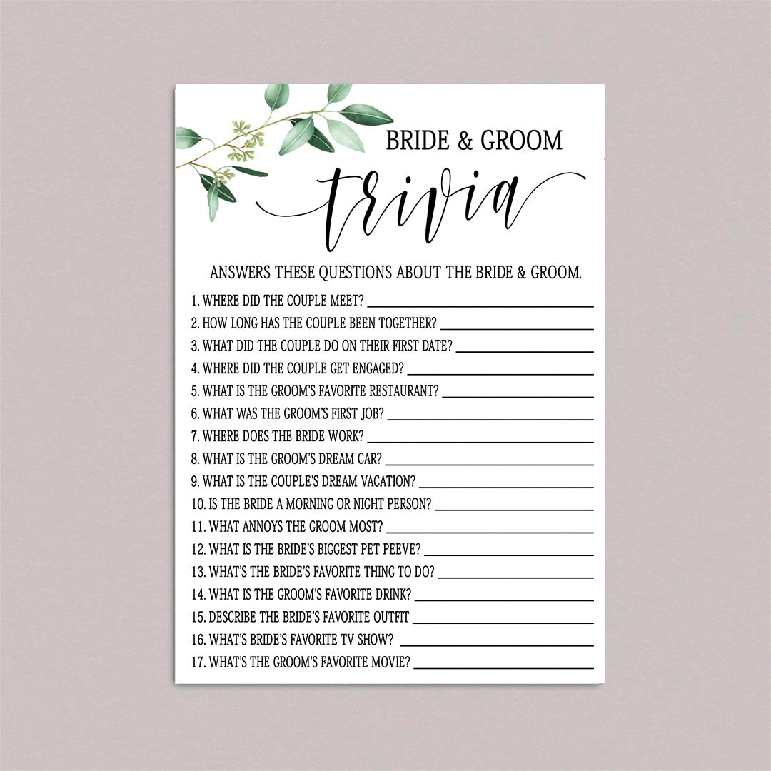 Bride and Groom Trivia Game Greenery Bridal Shower Game Etsy