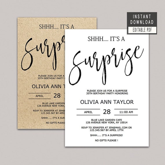 SURPRISE BIRTHDAY INVITATION Instant Download Simple Surprise Etsy