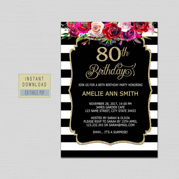 80th birthday invitations instant