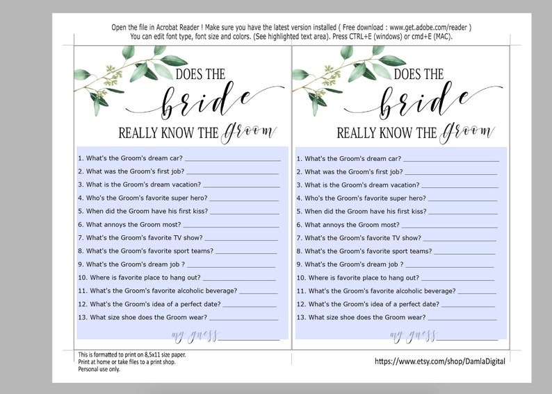 How Well Does the Bride Know the Groom Bride Groom Game Etsy