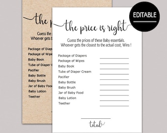 Price is right baby shower game editable, the price is right baby shower game fun activities, editable baby shower games, rustic, kraft B11