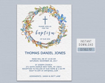 BAPTISM INVITATION instant download, baptism invitation boy template, baptism invites boy, blue floral baptism invitation, editable pdf