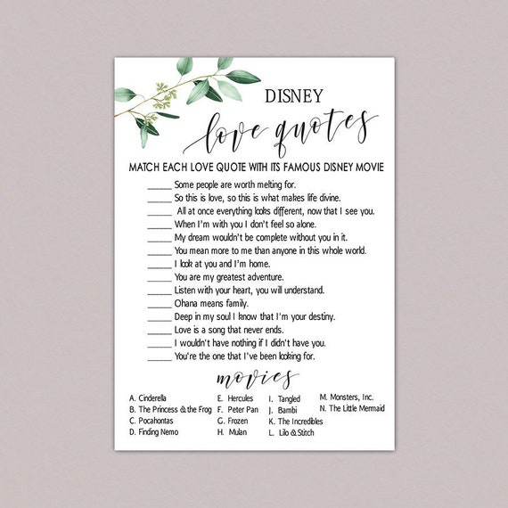 Disney love quotes game . Printable Instant Download . | Etsy