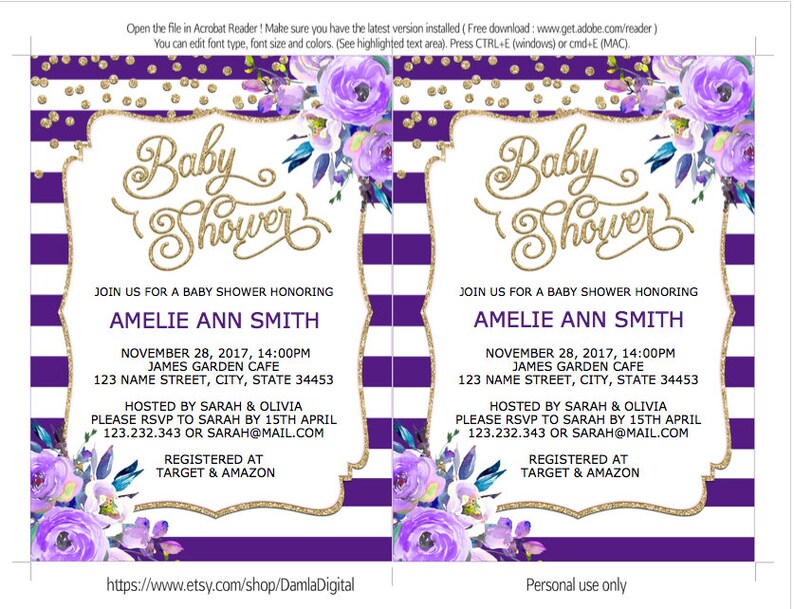 Purple Baby Shower invitation instant download baby shower Etsy