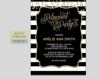 RETIREMENT INVITATION instant download, retirement invitation for woman man, retirement party invitations, black gold retirement invites B21